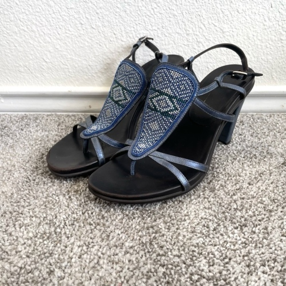 Donald J Pliner Beaded Heels Womens Size 8 M Blue Leather Sandals Aztec Open Toe